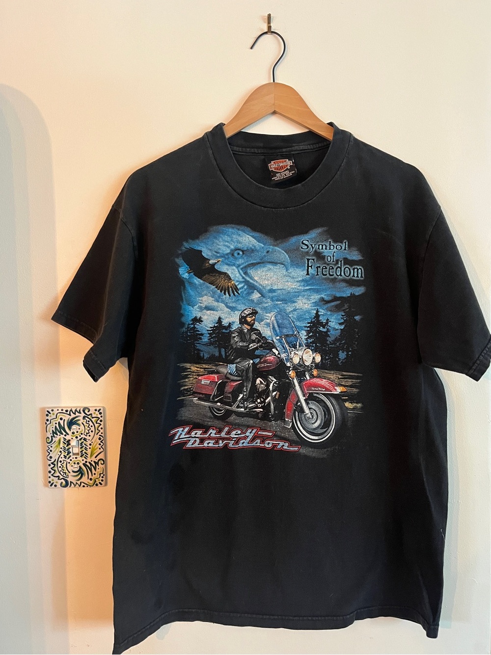 Vintage 1990s Harley-Davidson Black Tee with Red Motorcycle & Blue Eagle Graphic